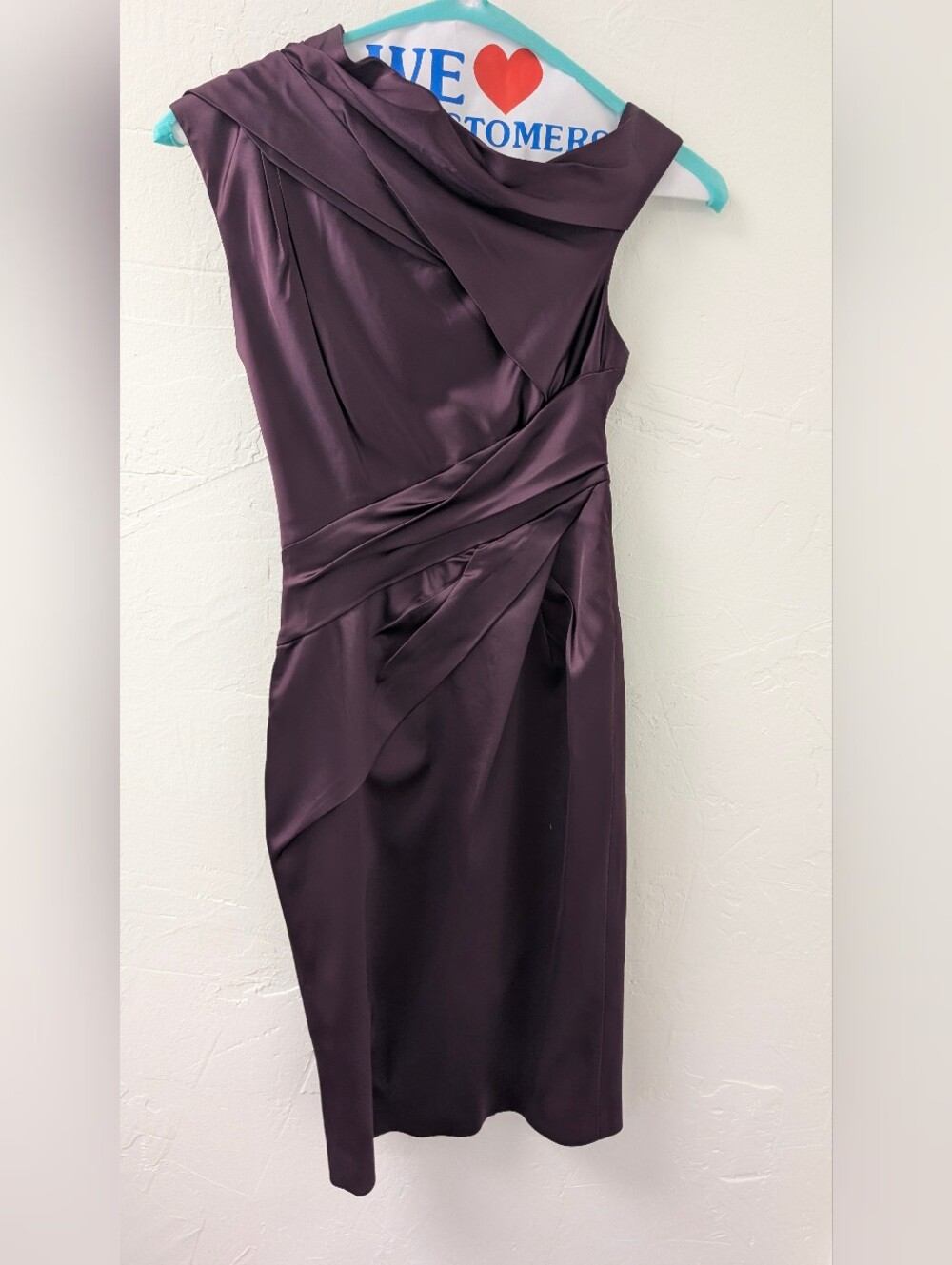 Karen Millen US 6 Plum Satin Draped Cocktail Sheath Dress